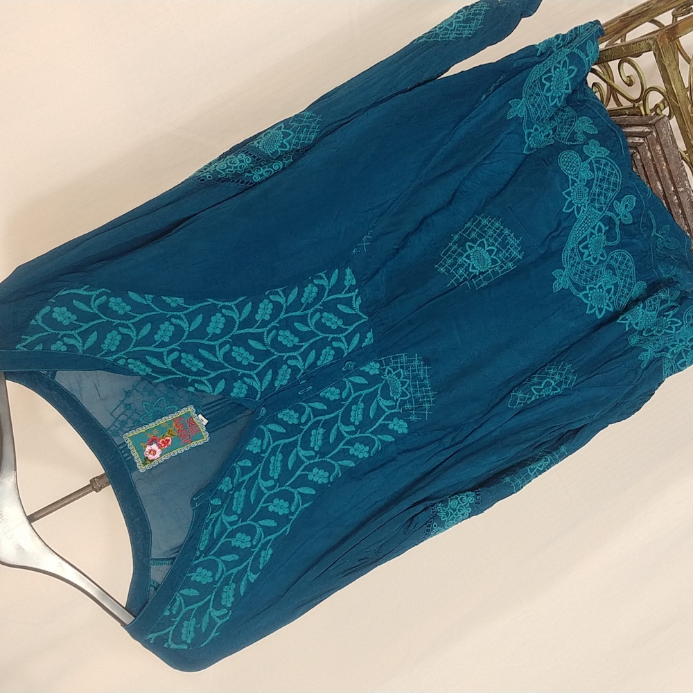 Johnny Was peacock blue rayon tunic